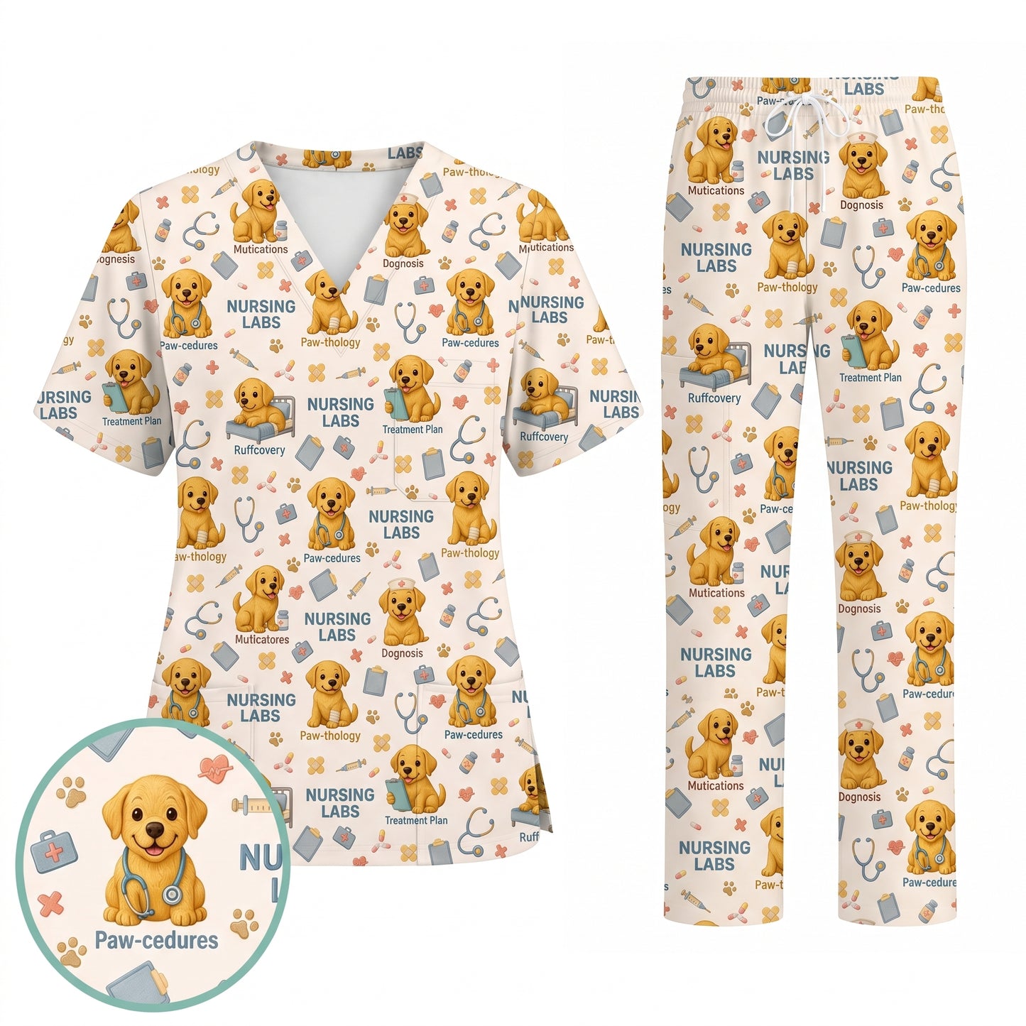 Labrador Nursing Scrub Top, Cute Dog Pattern Nurse Uniform, Comfortable Scrubs For Nurses