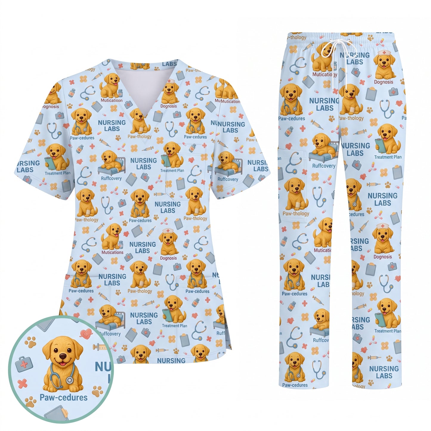 Labrador Nursing Scrub Top, Cute Dog Pattern Nurse Uniform, Comfortable Scrubs For Nurses