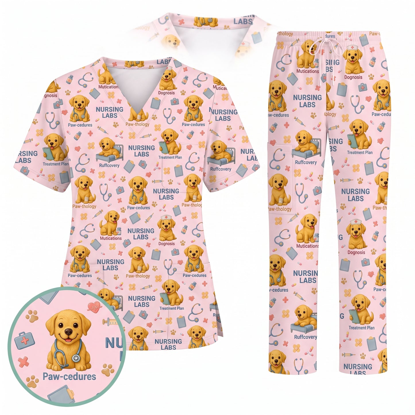Labrador Nursing Scrub Top, Cute Dog Pattern Nurse Uniform, Comfortable Scrubs For Nurses