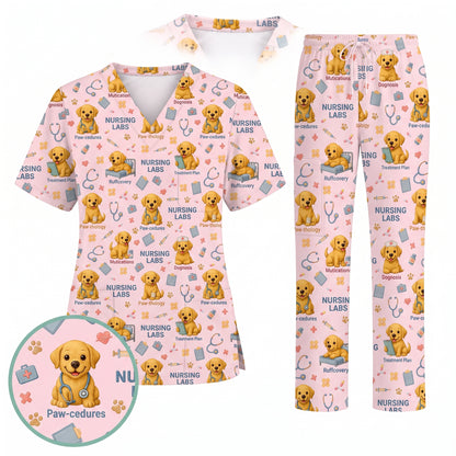 Labrador Nursing Scrub Top, Cute Dog Pattern Nurse Uniform, Comfortable Scrubs For Nurses