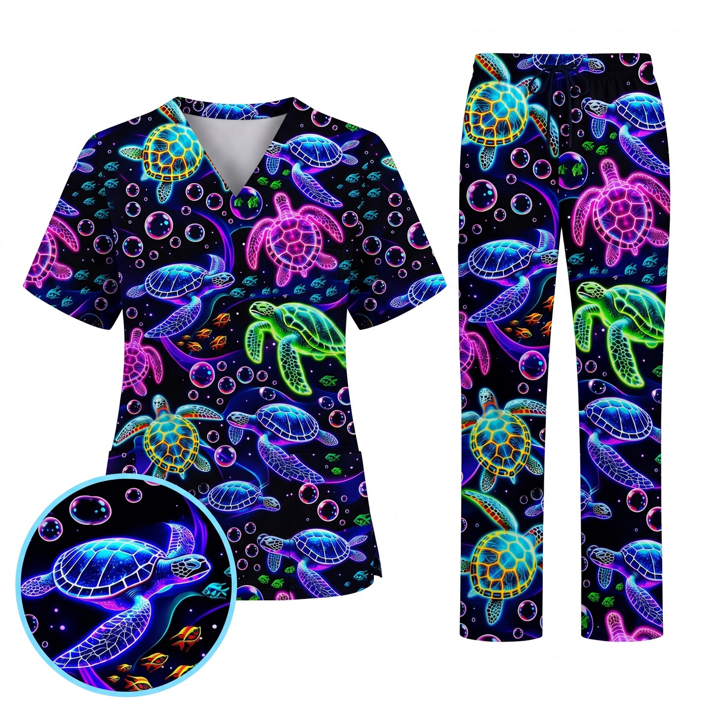 Ocean Pattern Scrub, Neon Sea Turtle Swimming Bubble Ocean Scrub Top, Breathable Fabrics Nursing Uniform