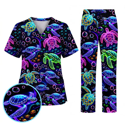 Ocean Pattern Scrub, Neon Sea Turtle Swimming Bubble Ocean Scrub Top, Breathable Fabrics Nursing Uniform