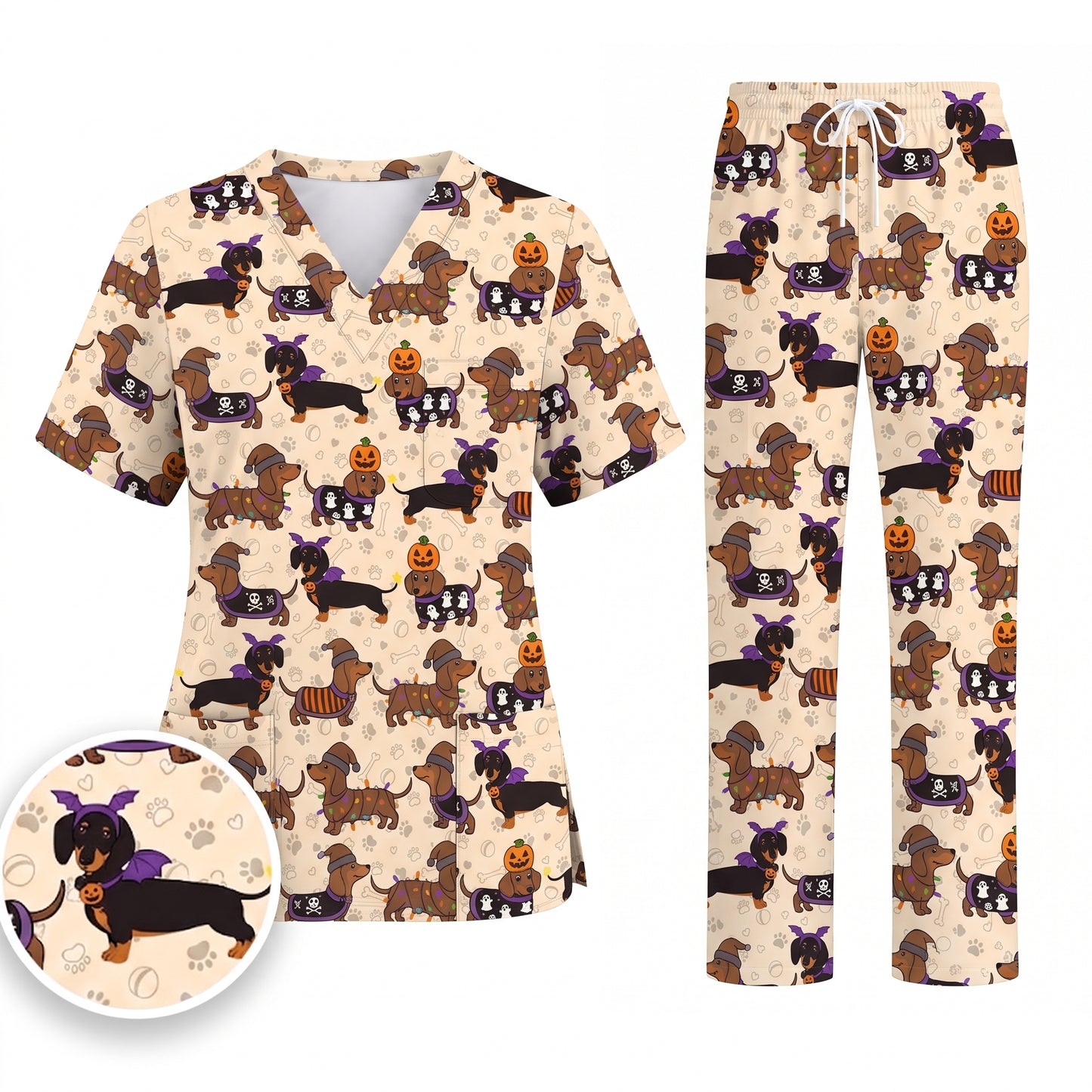 Funny Wiener Dog Pattern Scrub, Halloween Dachshund with Pumpkin Ghost Print Scrub Set, Breathable Fabrics Nursing Uniform