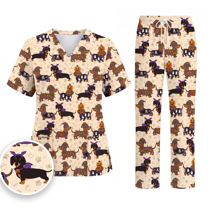 Funny Wiener Dog Pattern Scrub, Halloween Dachshund with Pumpkin Ghost Print Scrub Set, Breathable Fabrics Nursing Uniform