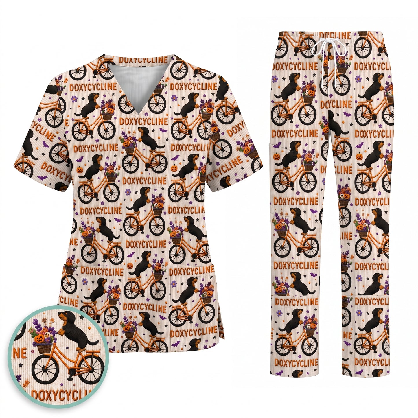 Funny Wiener Dog Pattern Scrub, Halloween Dachshund with Doxycycline Bike Scrub Top, Breathable Fabrics Nursing Uniform