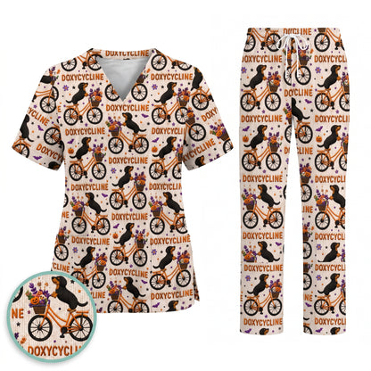 Funny Wiener Dog Pattern Scrub, Halloween Dachshund with Doxycycline Bike Scrub Top, Breathable Fabrics Nursing Uniform