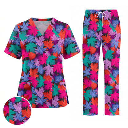 Autumn Maple Leaves Scrub Top for Women, Colorful Fall Nursing Uniform, Breathable Autumn Medical Scrub Shirt