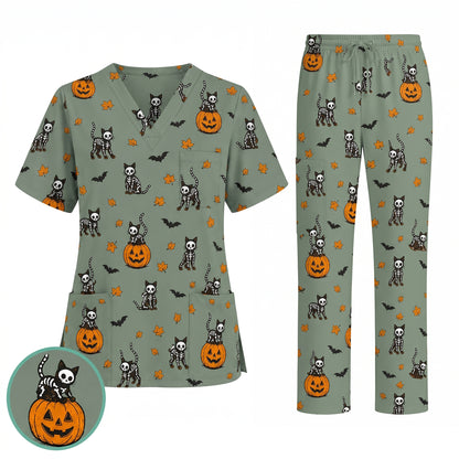 Skeleton Cat Pattern Scrub Set, Scrub Pants and V Neck Top, Breathable Fabrics Nursing Uniform