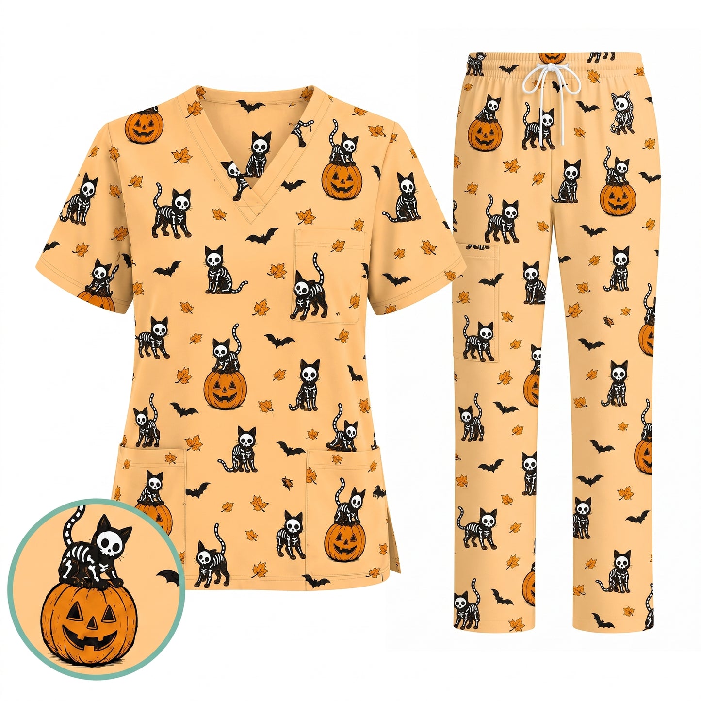 Skeleton Cat Pattern Scrub Set, Scrub Pants and V Neck Top, Breathable Fabrics Nursing Uniform
