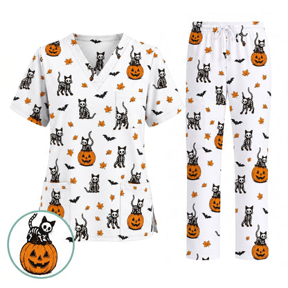 Skeleton Cat Pattern Scrub Set, Scrub Pants and V Neck Top, Breathable Fabrics Nursing Uniform