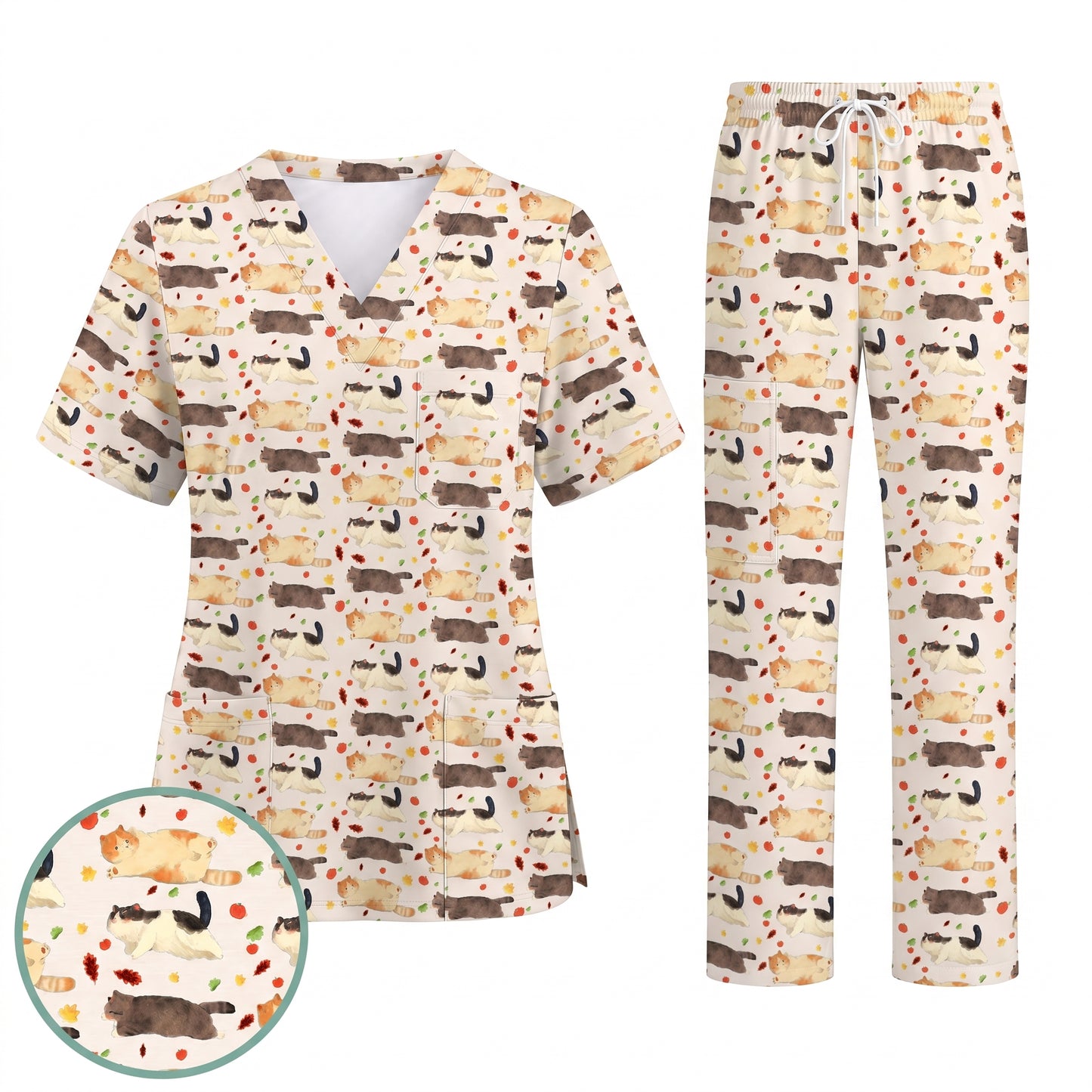 Chubby Cat Autumn Leaves Print Scrub Set, Cat Pattern Scrub For Nursing, Breathable Med Uniform