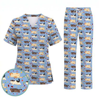 Chubby Cat Autumn Leaves Print Scrub Set, Cat Pattern Scrub For Nursing, Breathable Med Uniform