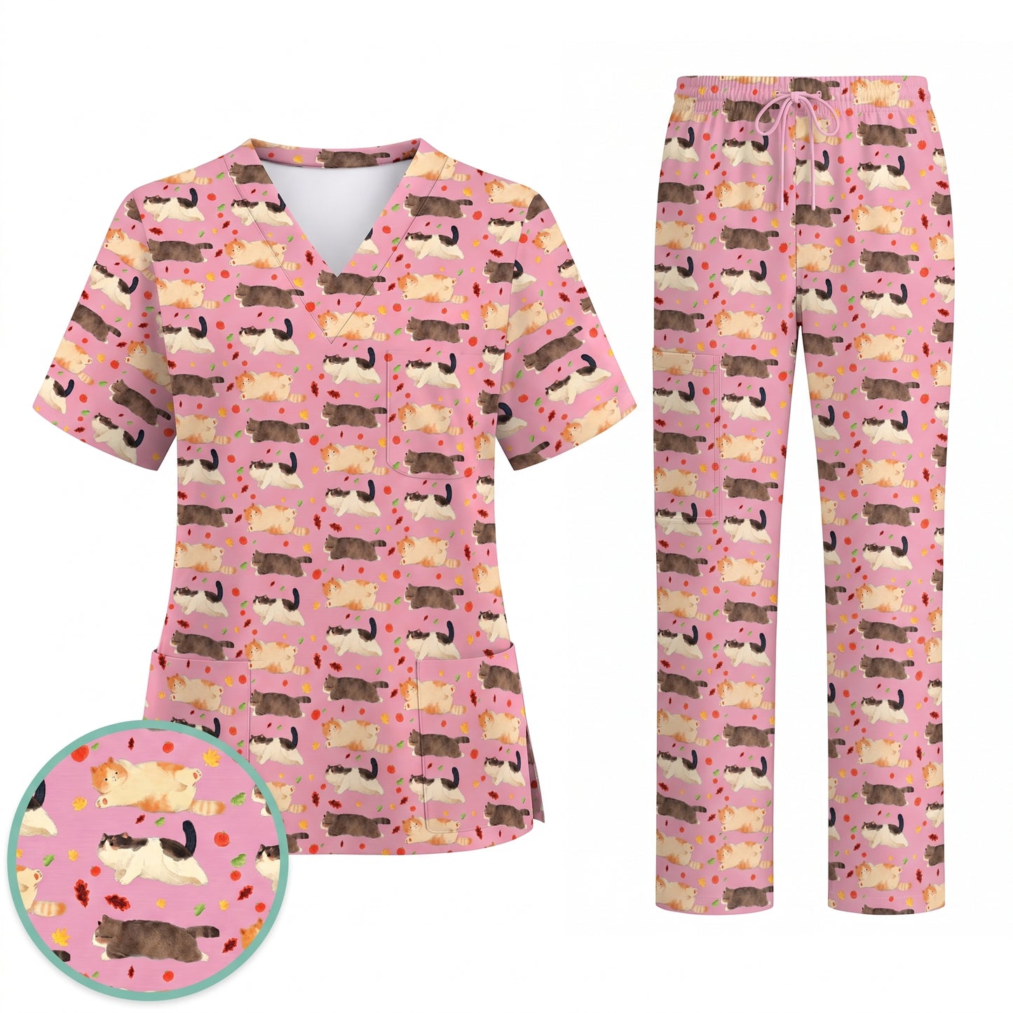 Chubby Cat Autumn Leaves Print Scrub Set, Cat Pattern Scrub For Nursing, Breathable Med Uniform
