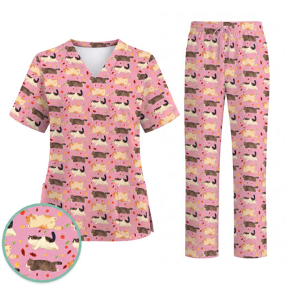 Chubby Cat Autumn Leaves Print Scrub Set, Cat Pattern Scrub For Nursing, Breathable Med Uniform