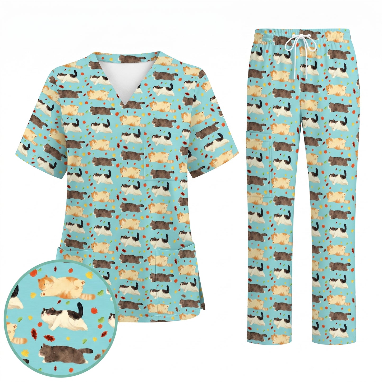Chubby Cat Autumn Leaves Print Scrub Set, Cat Pattern Scrub For Nursing, Breathable Med Uniform