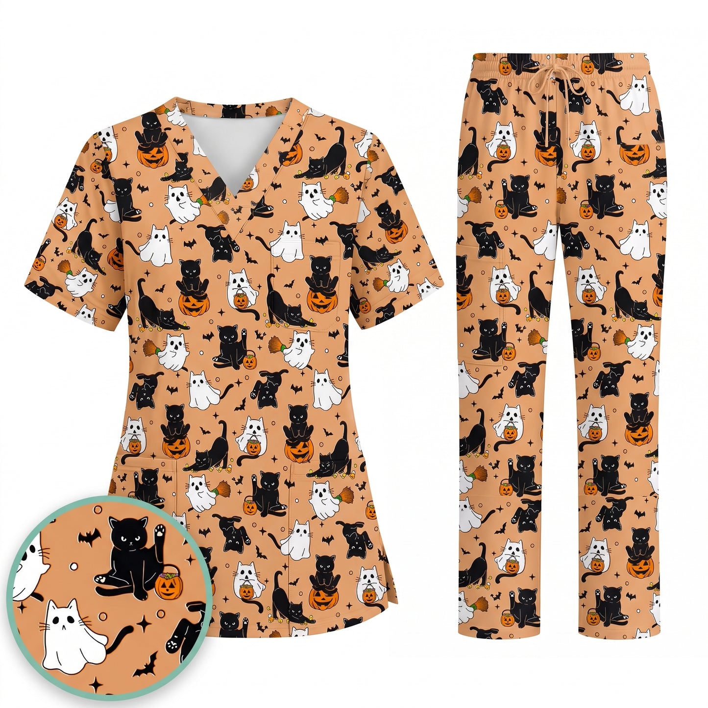 Halloween Cat Ghost Pumpkin Pattern Scrub Set, Scrub Pants and V Neck Top, Breathable Fabrics Nursing Uniform
