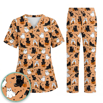 Halloween Cat Ghost Pumpkin Pattern Scrub Set, Scrub Pants and V Neck Top, Breathable Fabrics Nursing Uniform