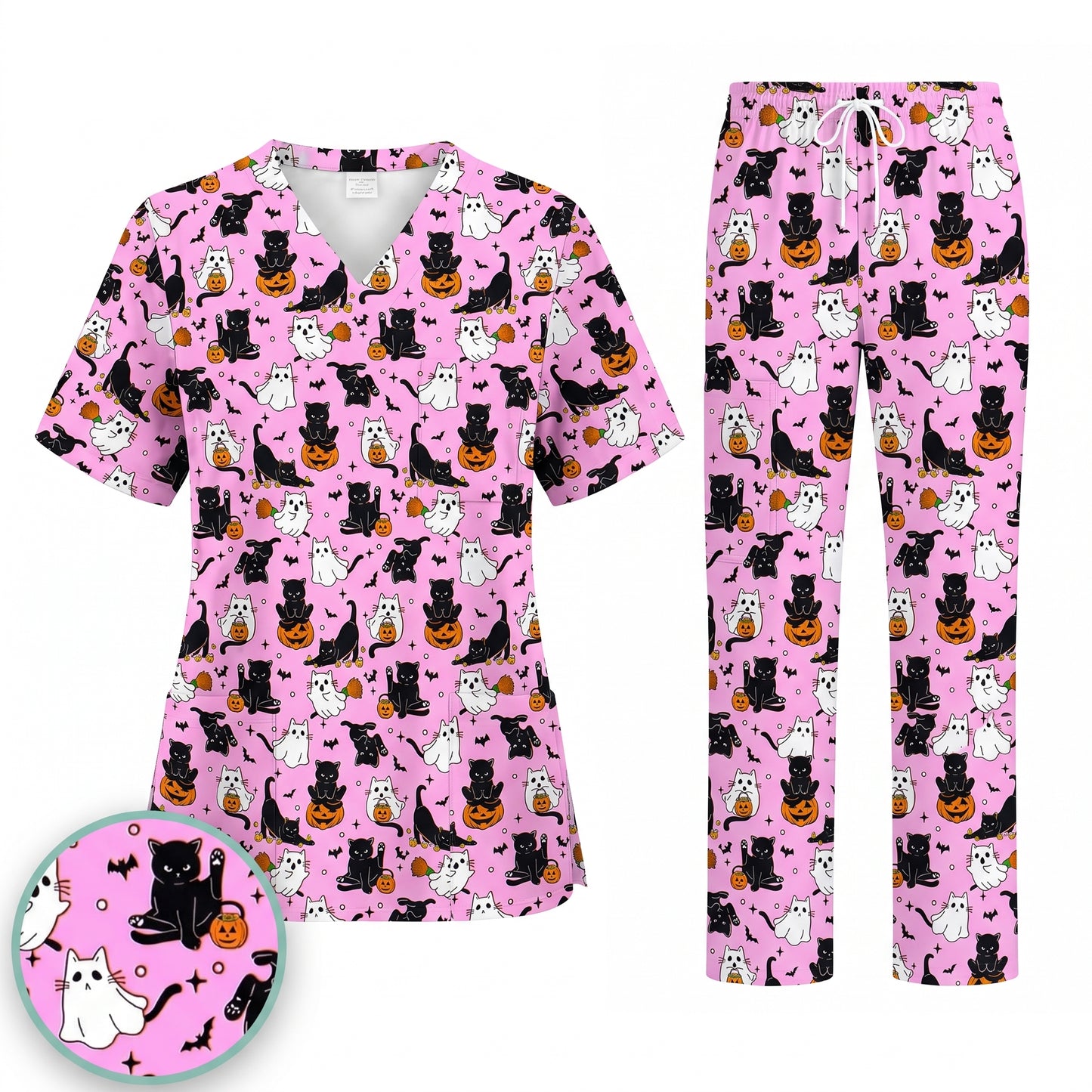 Halloween Cat Ghost Pumpkin Pattern Scrub Set, Scrub Pants and V Neck Top, Breathable Fabrics Nursing Uniform
