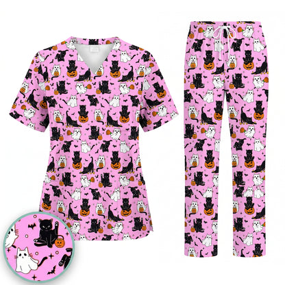 Halloween Cat Ghost Pumpkin Pattern Scrub Set, Scrub Pants and V Neck Top, Breathable Fabrics Nursing Uniform
