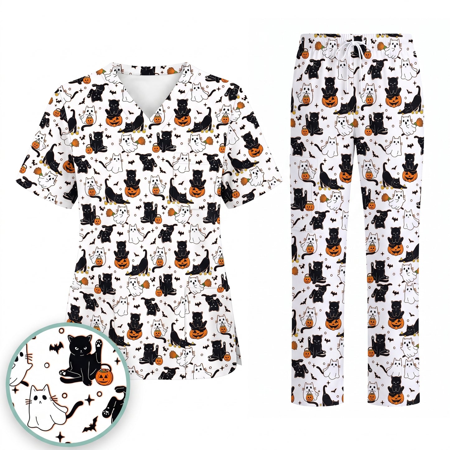 Halloween Cat Ghost Pumpkin Pattern Scrub Set, Scrub Pants and V Neck Top, Breathable Fabrics Nursing Uniform