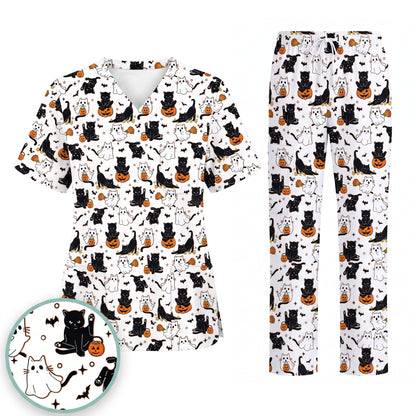 Halloween Cat Ghost Pumpkin Pattern Scrub Set, Scrub Pants and V Neck Top, Breathable Fabrics Nursing Uniform
