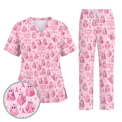 Funny Breast Cancer Awareness Scrub Top, We Wear Pink In October & Ghost Pattern Nurse Uniform, Gift for RN LPN CNA