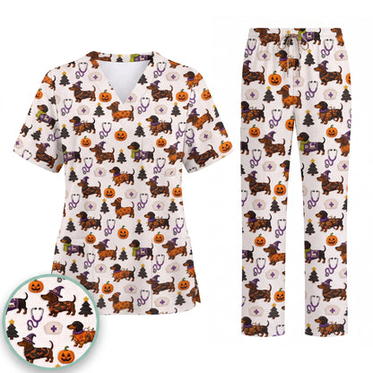 Funny Wiener Dog Pattern Scrub, Halloween Dachshund with Pumpkin Stethoscope Print Scrub Top, Breathable Fabrics Nursing Uniform (Copy)