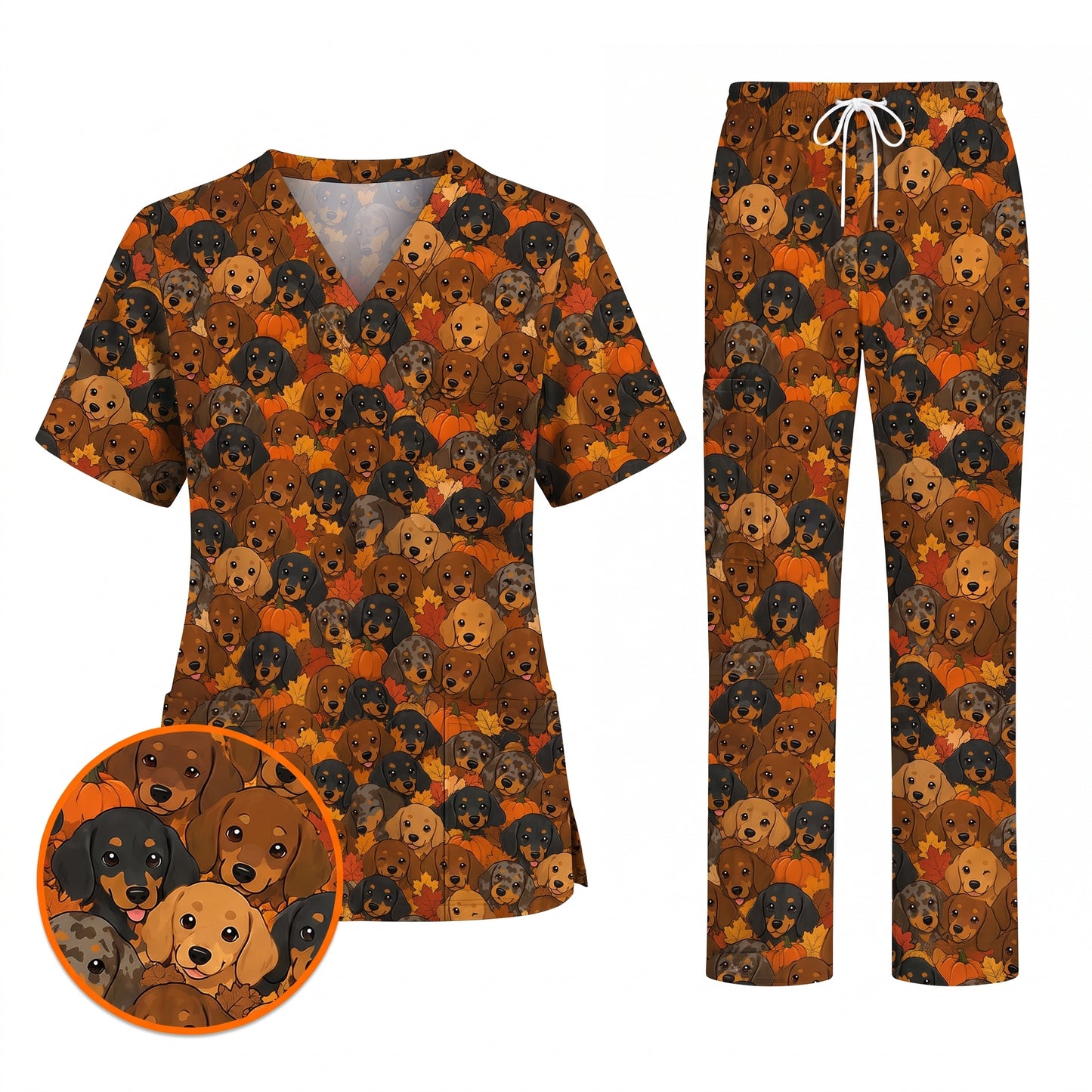 Funny Autumn Dachshund Scrub Top, Fall Wiener Dog Nurse Scrubs for Dog Lovers, Comfortable Uniform for Nurses