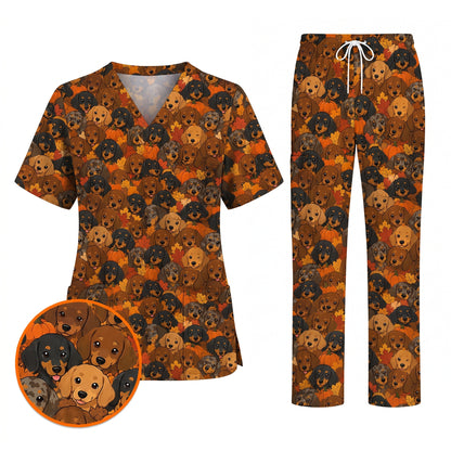 Funny Autumn Dachshund Scrub Top, Fall Wiener Dog Nurse Scrubs for Dog Lovers, Comfortable Uniform for Nurses