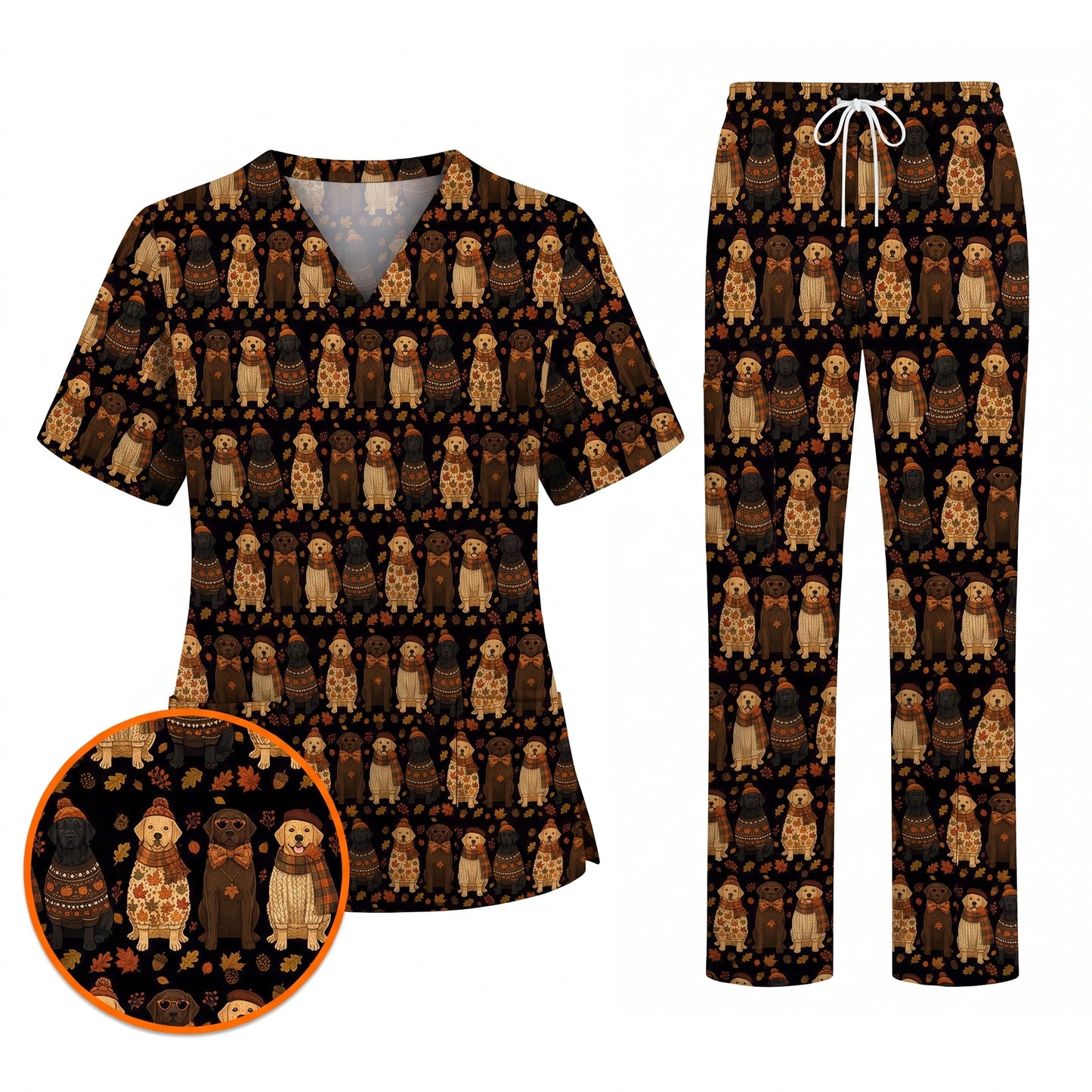 Autumn Dog Scrub Top for Nurses, Fall Labrador Retriever Nursing Uniform, Cozy Autumn Veterinary Scrubs for Dog Lovers