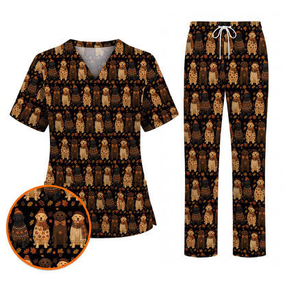 Autumn Dog Scrub Top for Nurses, Fall Labrador Retriever Nursing Uniform, Cozy Autumn Veterinary Scrubs for Dog Lovers