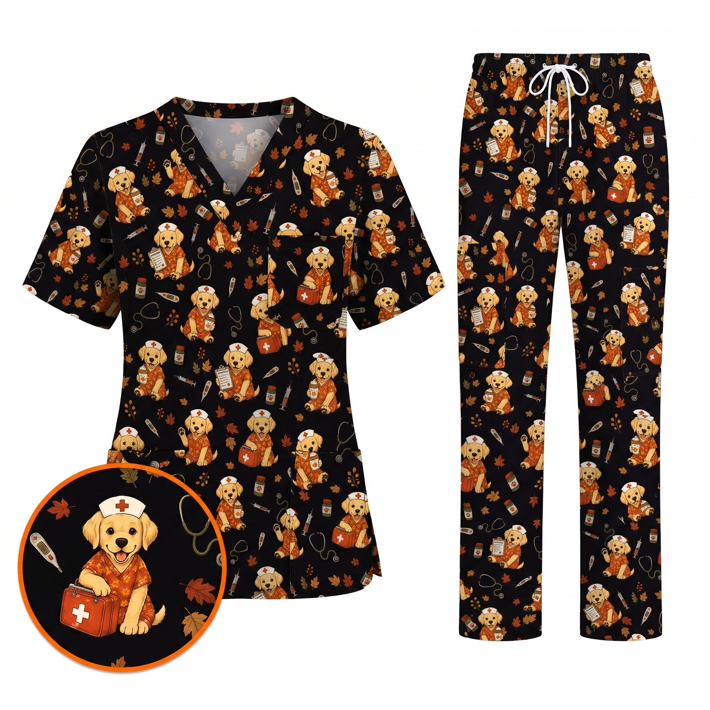 Autumn Labrador Retriever Scrub Top, Fall Dog Nursing Uniform for Veterinary Professionals, Cozy Autumn Nurse Scrubs for Dog Lovers