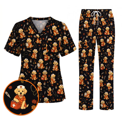 Autumn Labrador Retriever Scrub Top, Fall Dog Nursing Uniform for Veterinary Professionals, Cozy Autumn Nurse Scrubs for Dog Lovers