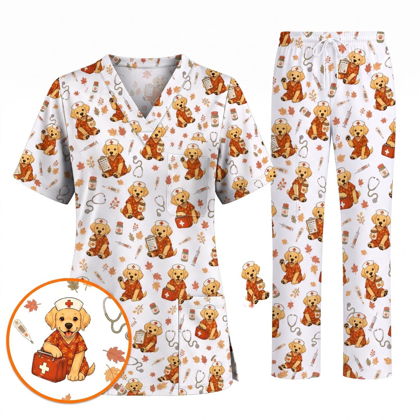 Autumn Labrador Retriever Scrub Top, Fall Dog Nursing Uniform for Veterinary Professionals, Cozy Autumn Nurse Scrubs for Dog Lovers