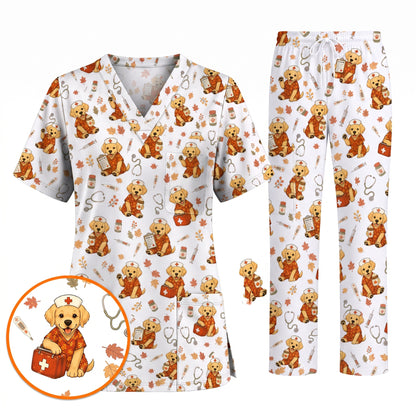 Autumn Labrador Retriever Scrub Top, Fall Dog Nursing Uniform for Veterinary Professionals, Cozy Autumn Nurse Scrubs for Dog Lovers