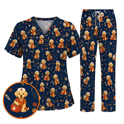 Autumn Labrador Retriever Scrub Top, Fall Dog Nursing Uniform for Veterinary Professionals, Cozy Autumn Nurse Scrubs for Dog Lovers