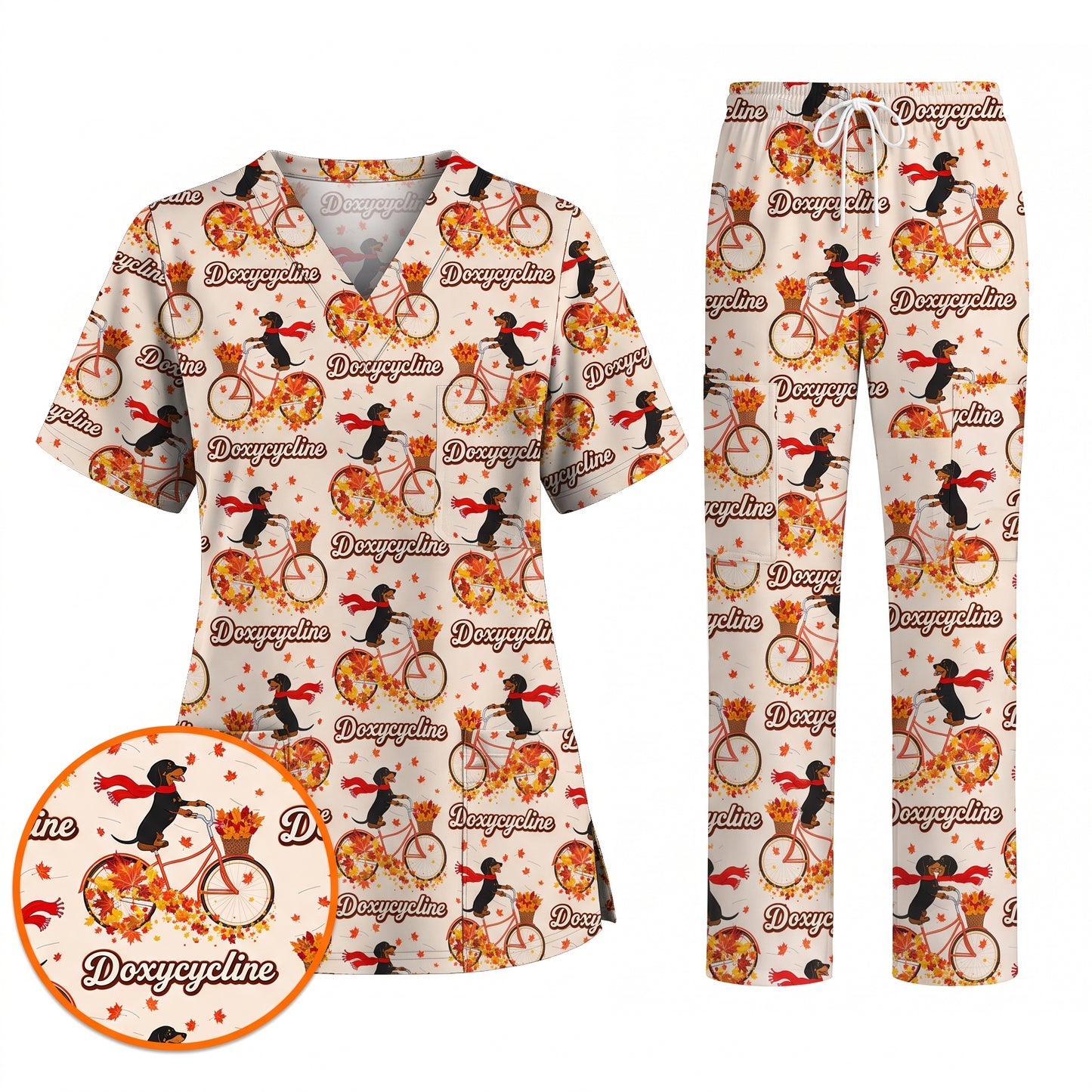 Autumn Dachshund Scrub Top, Cute Wiener Dog Fall Nursing Uniform, Breathable Veterinary Scrub Shirt