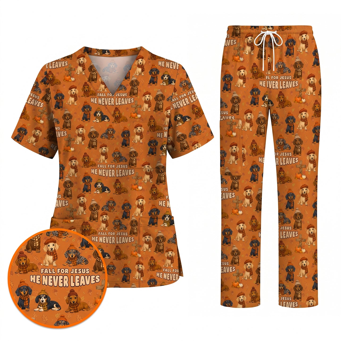 Autumn Dachshund Scrub Top, Wiener Dog Fall Nursing Uniform for Dog Lovers, Comfortable Scrubs for Nurses
