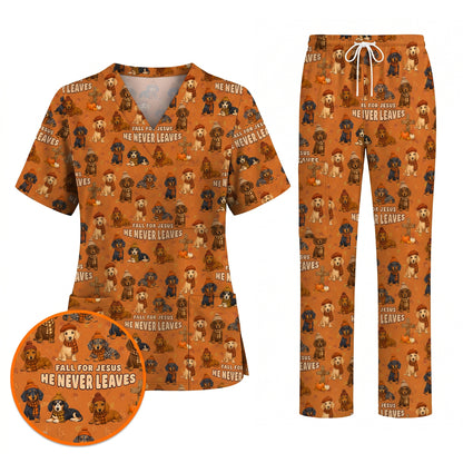 Autumn Dachshund Scrub Top, Wiener Dog Fall Nursing Uniform for Dog Lovers, Comfortable Scrubs for Nurses