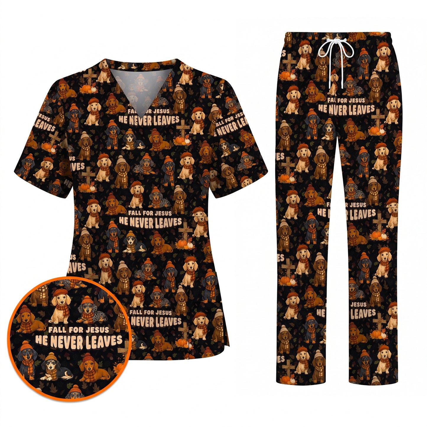 Autumn Dachshund Scrub Top, Wiener Dog Fall Nursing Uniform for Dog Lovers, Comfortable Scrubs for Nurses