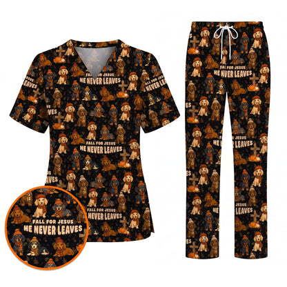 Autumn Dachshund Scrub Top, Wiener Dog Fall Nursing Uniform for Dog Lovers, Comfortable Scrubs for Nurses