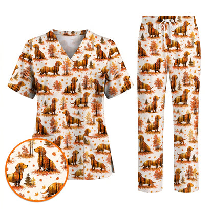 Autumn Dachshund Scrub Top, Fall Wiener Dog Nursing Uniform for Healthcare Workers, Cute Dachshund Nurse Scrubs for Dog Lovers