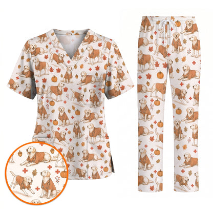Fall Labrador Retriever Scrub Top, Autumn Labrador Nursing Uniform for Healthcare Workers, Comfortable Scrubs for Nurses
