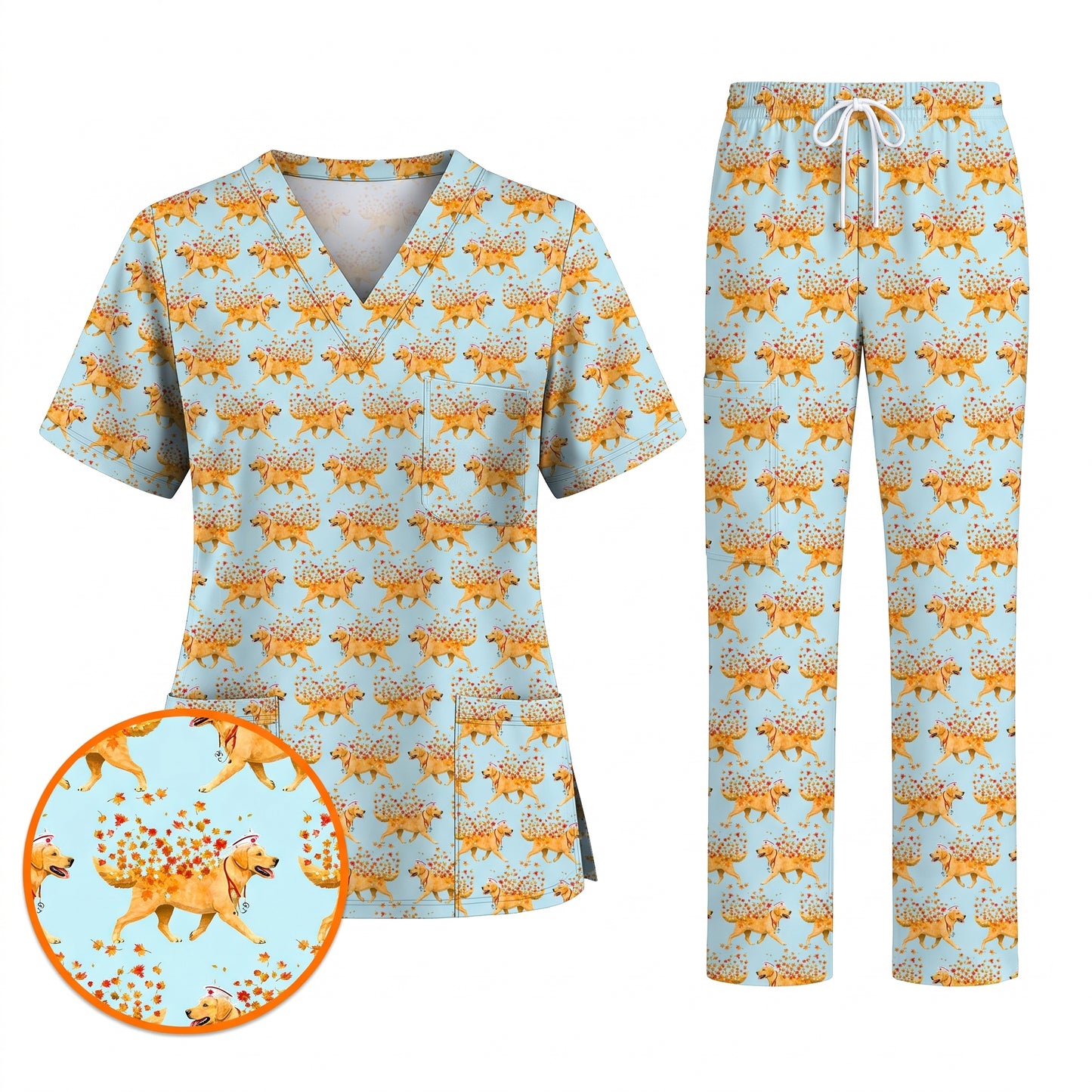 Autumn Labrador Retriever Nurse Scrub Top, Funny Fall Lab Dog Medical Uniform for Veterinary & Healthcare Staff, Comfortable Scrubs for Nurses