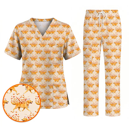 Autumn Labrador Retriever Nurse Scrub Top, Funny Fall Lab Dog Medical Uniform for Veterinary & Healthcare Staff, Comfortable Scrubs for Nurses