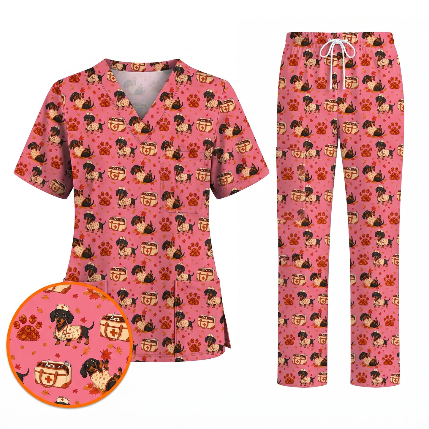 Fall Dachshund Scrub Top, Autumn Wiener Dog Nurse Uniform for Veterinary Professionals, Breathable Fabrics Nursing Scrubs for Dog Lovers