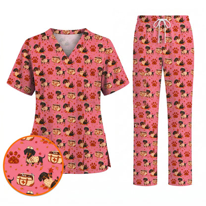 Fall Dachshund Scrub Top, Autumn Wiener Dog Nurse Uniform for Veterinary Professionals, Breathable Fabrics Nursing Scrubs for Dog Lovers
