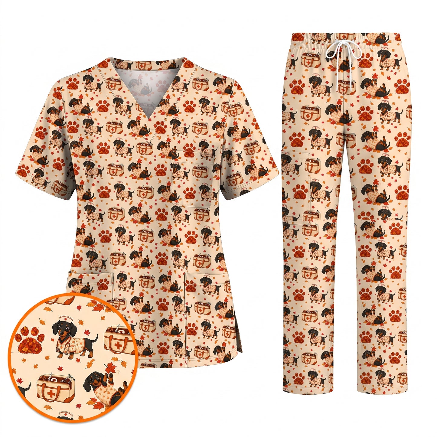 Fall Dachshund Scrub Top, Autumn Wiener Dog Nurse Uniform for Veterinary Professionals, Breathable Fabrics Nursing Scrubs for Dog Lovers