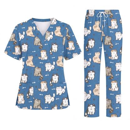 Funny Cat Scrub Set, Cute Cat Pattern Scrub For Nursing, Breathable Med Uniform