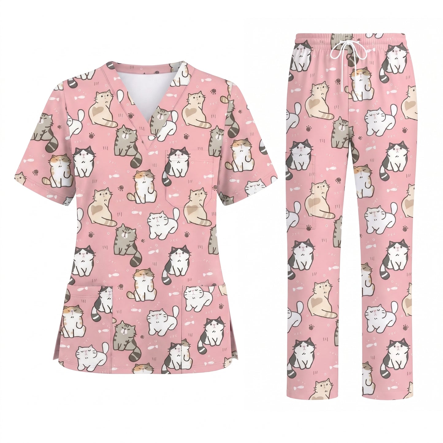 Funny Cat Scrub Set, Cute Cat Pattern Scrub For Nursing, Breathable Med Uniform